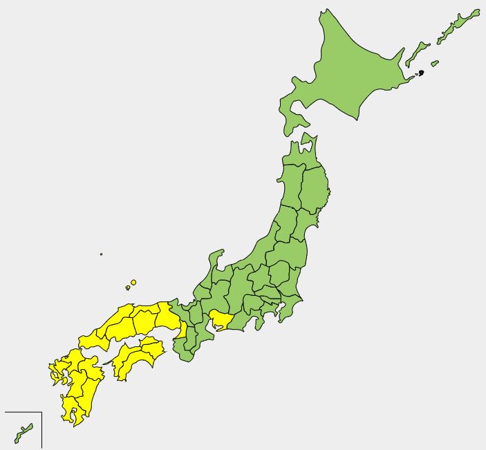 日本地図　過去の買取・引取地域は黄色