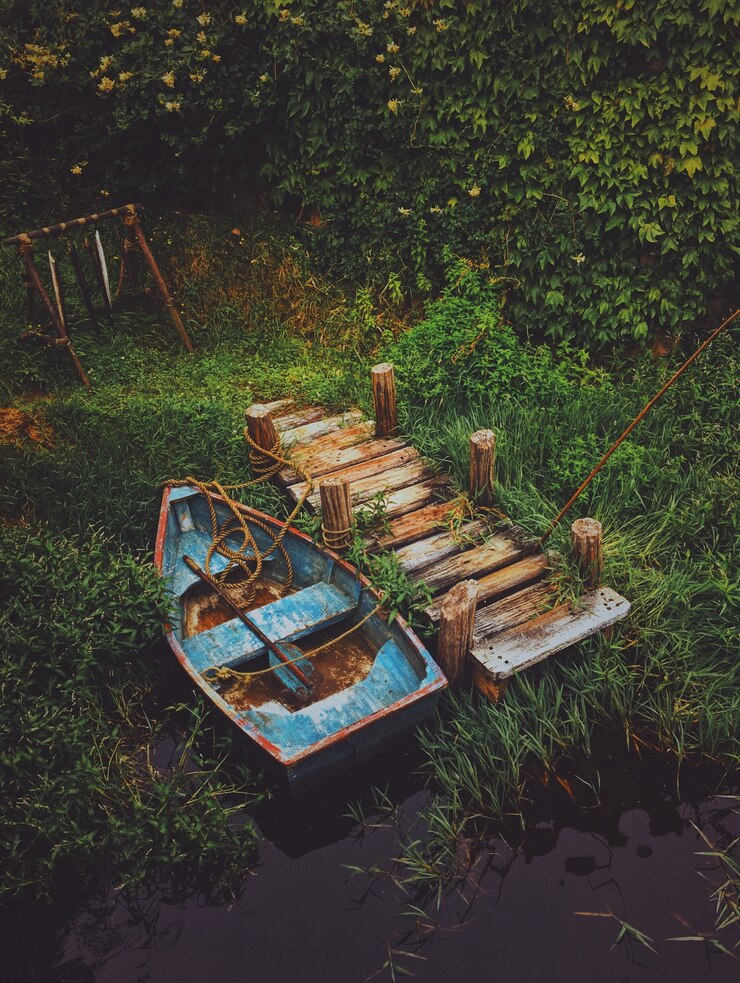 草むらに残されたボートの画像